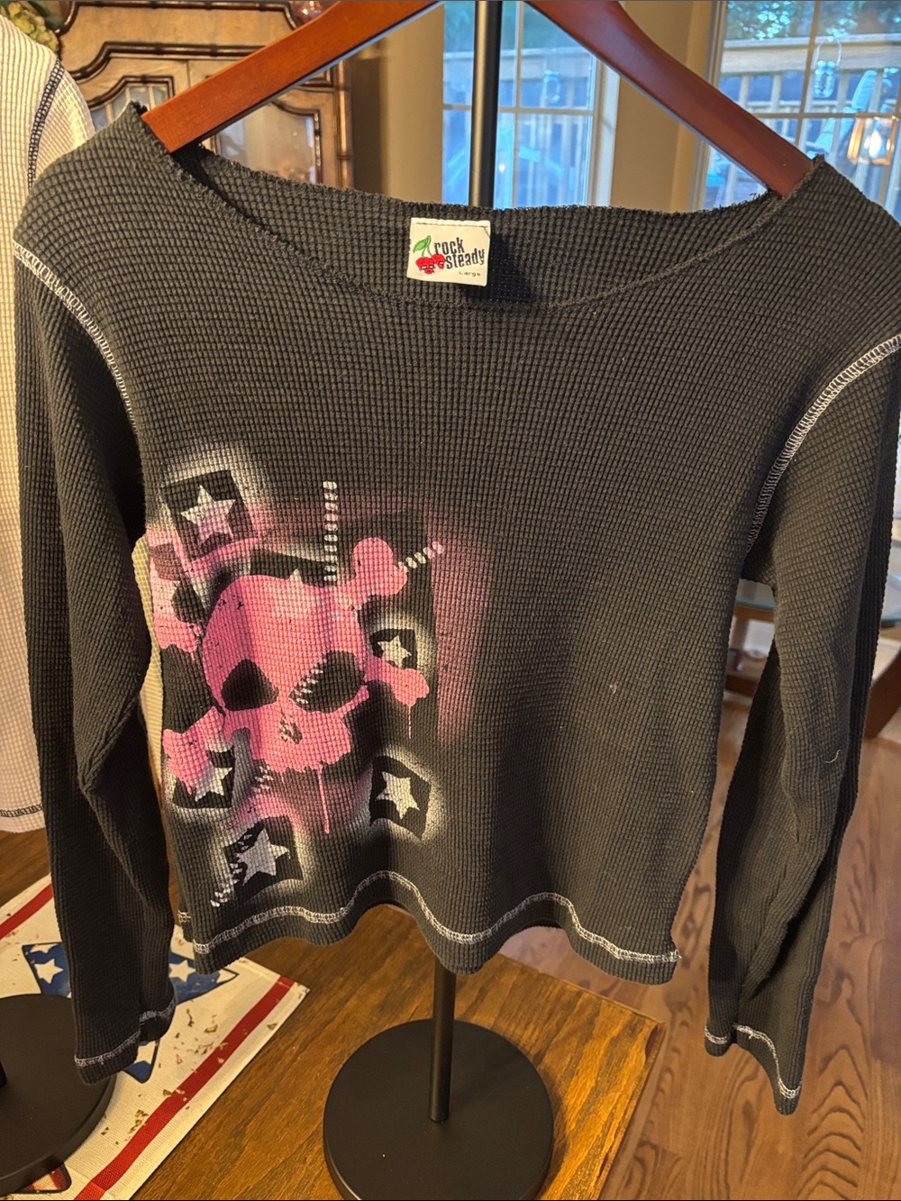 RockSteady Black Waffle-Knit Crew Sweater with Pink Skull Graphic